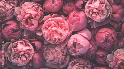 Floral background with pink peonies in vintage toning photo