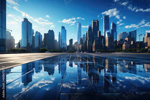 Modern downtown with glass skyscrapers