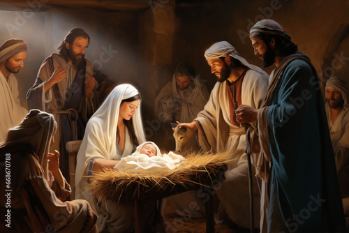 Krippendarstellung Weihnachten mit Maria, Josef und Christkind, Geburt Jesu, erstellt mit generativer KI	 photo