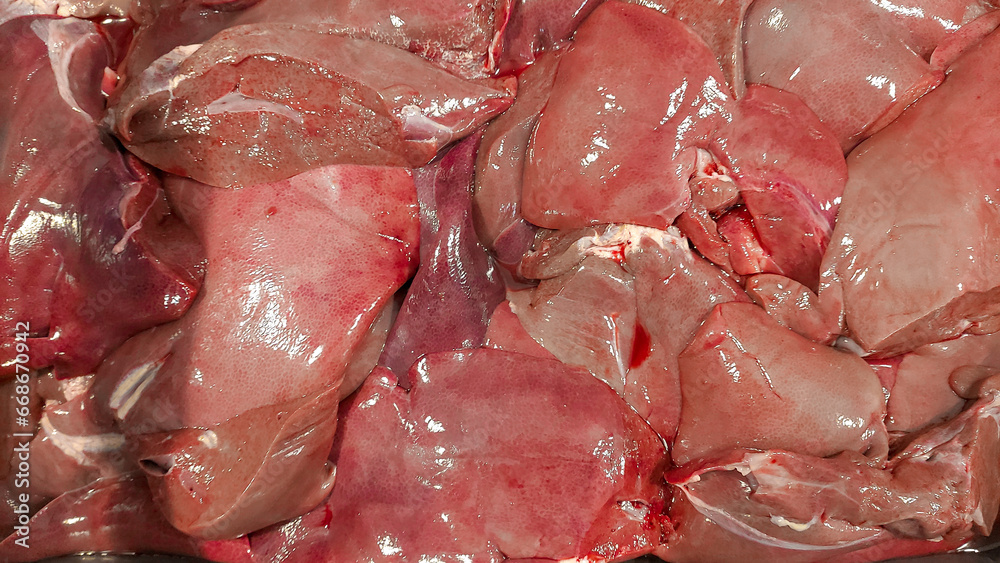 Raw pork liver. pig liver blood