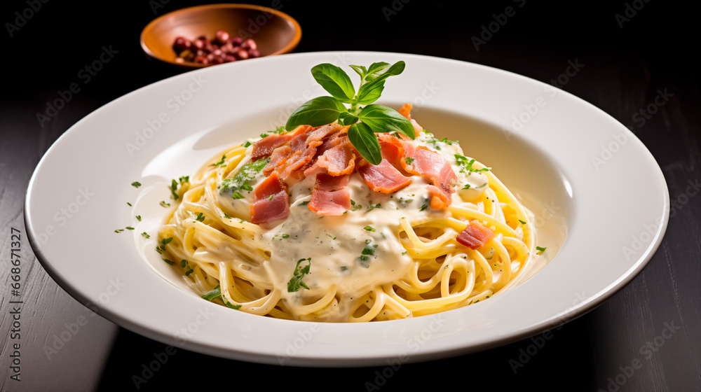 Classic Italian cuisine: Plate of Spaghetti Carbonara, a creamy and savory pasta dish with eggs, cheese, pancetta. Decadent comfort food. Classic Italian cuisine: Plate of Spaghetti Carbonara, a creamy and savory pasta dish with eggs, cheese, pancetta. Decadent comfort food.