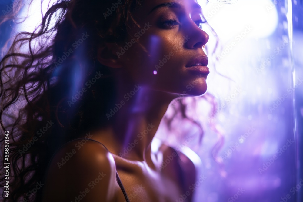 A Woman Embracing the Radiance of purple Illumination - Serene documentary art portrait with captivating abstract purple lighting of a beautiful woman. A Woman Embracing the Radiance of purple Illumination - Serene documentary art portrait with captivating abstract purple lighting of a beautiful woman.