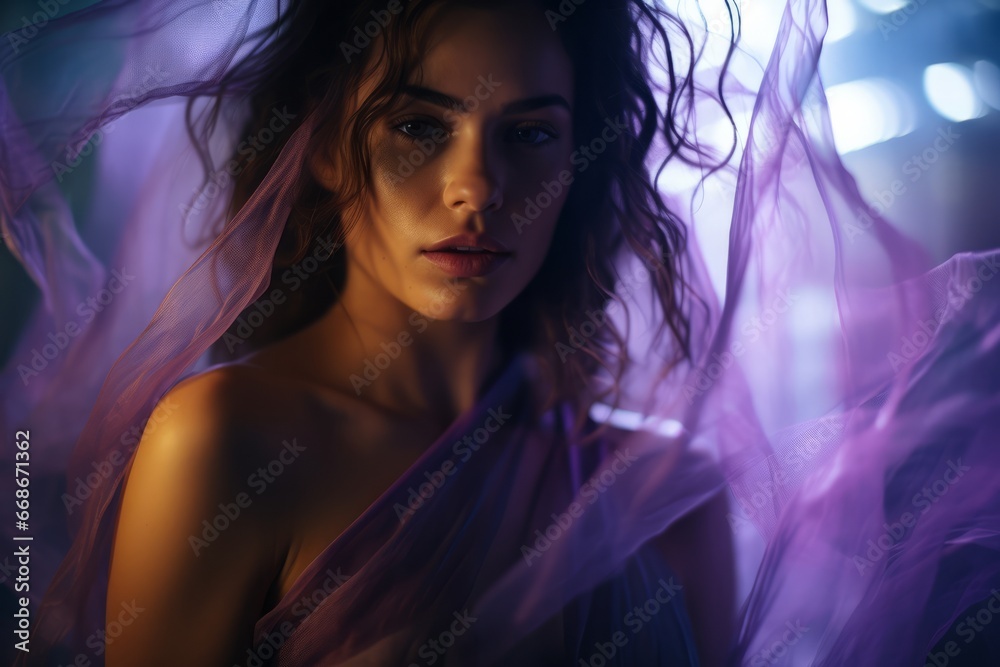 A Woman Embracing the Radiance of purple Illumination - Serene documentary art portrait with captivating abstract purple lighting of a beautiful woman.