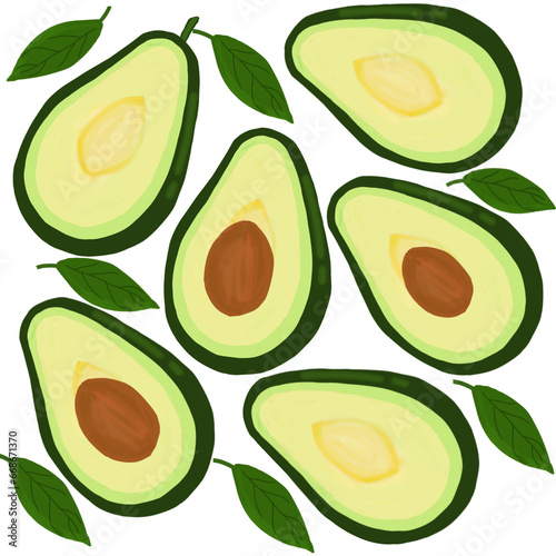 illustration of avocado fruit slices with seeds and leaves