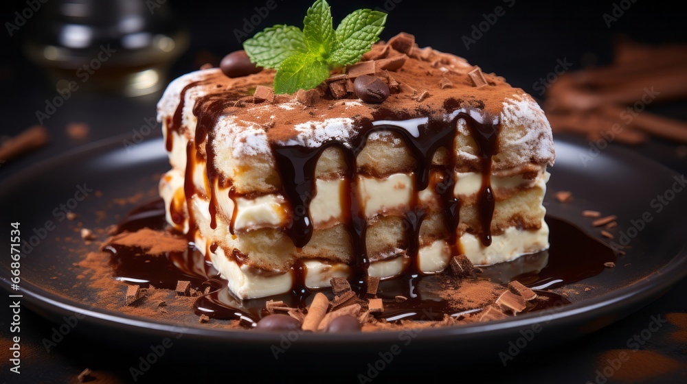 Tiramisu - dessert made with coffee and layere. Generative AI. Tiramisu - dessert made with coffee and layere. Generative AI.