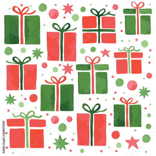 Pattern from a set of christmas gift boxes on white background. New year and Christmas gift boxes. Perfect for print, packaging design, banner, postcard. Vector illustration.