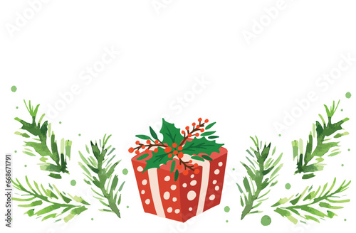 Christmas card - fir tree branches and gift boxes on a white background. Happy New year and Merry Christmas card. Perfect for print, packaging design, banner. Vector illustration.