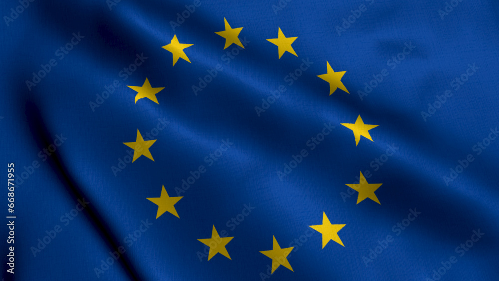 Europe Flag. Waving Fabric Satin Texture of the Flag of Europe 3D illustration. Real Texture Flag of the European Union Europe Flag. Waving Fabric Satin Texture of the Flag of Europe 3D illustration. Real Texture Flag of the European Union