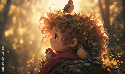 lovely sweet little curly red-haired child fairy in the woods during autumn, with tiny winged fairies, wreath of little flowers on head. Fantasy illustration with cartoon girl, big eyes, dreamy fable