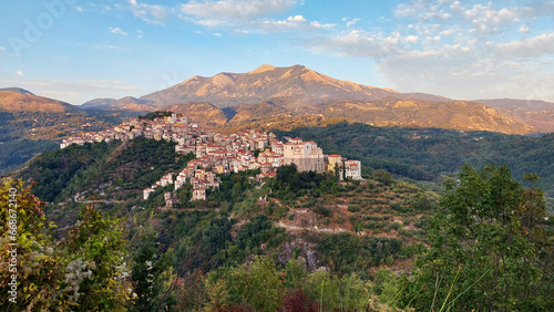 Panorama of the ancient city on top of the hill. European old town. Panoramic view. Rivello, Italy.