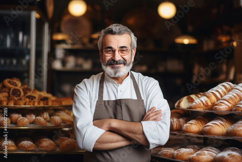 Portrait of a mature man  a successful baker  in bakery full of delicious fresh pastries