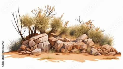 dry grass meadow shrubs with rocks on white background. desert dry plants with rocks. generative ai
