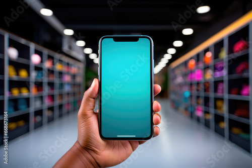 Smartphone with blue blank screen mockup in a man's hand against the background of a warehouse with goods