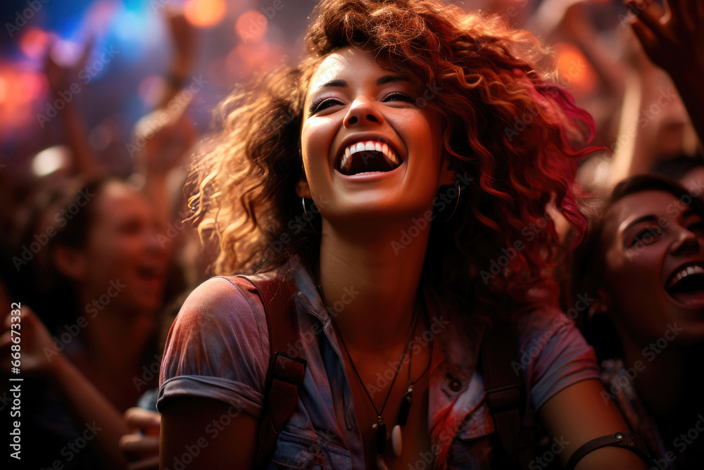 Happy cheerful young Latin woman dancing at a music festival or concert in a crowd of people