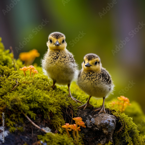 Two adorable golden plover chicks in grass outside in spring photo