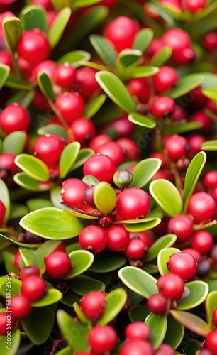 red bearberry grapes and leaves on a bush 