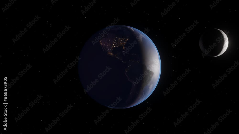 Sunrise sunset on planet earth with moon in the space. 4K render animation. Sunrise sunset on planet earth with moon in the space. 4K render animation.