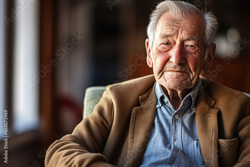 Old man portrait sitting in a chair front view, Elderly people care in nursing home