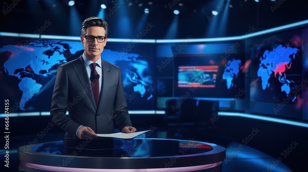 A male news anchor in a suit stands on the stage, looks at the camera and announces the news. In a bright room with LED screen and night light - obrazy, fototapety, plakaty 