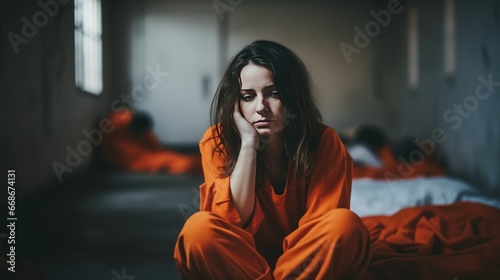 A female prisoner in an orange uniform sits depressed on the bed. prison detention center