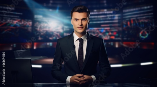 A male news anchor in a suit stands on the stage, looks at the camera and announces the news. In a bright room with LED screen and night light