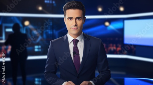 A male news anchor in a suit stands on the stage, looks at the camera and announces the news. In a bright room with LED screen and night light