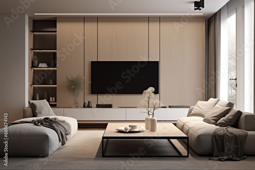  a living room with japandi interior design, light grey sofa, mounted tv and light oak or white console. © salahchoayb