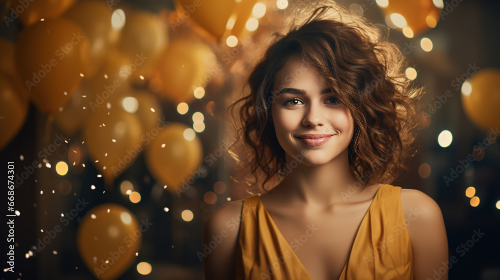 Birthday celebration with copy space. Portrait of a smiling cute young woman on a festive background of balloons Birthday celebration with copy space. Portrait of a smiling cute young woman on a festive background of balloons
