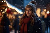 Young woman on christmas market with snowy weather, enjoys winter holiday weather.