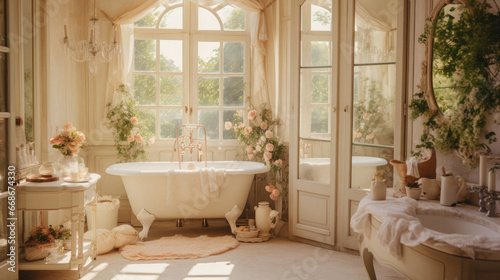French Country home interior bathroom, Reflecting the rural regions of France, it includes light colors, rustic furniture, Toile-de-Jouy fabrics, and vintage items
