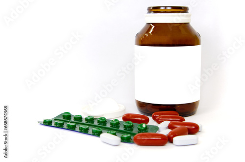 Group of the vitamins and medicine located on white background. Package of vitamins photo for Nutrition concept. Recommended vitamins for health.