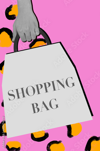 Women’s hand holding shopping bag on pink background and leopard pattern. Illustration for shopping and sale content.