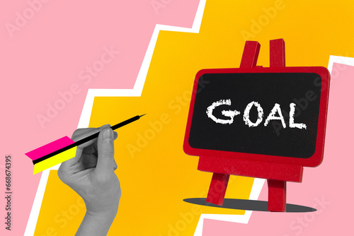 The businessman throwing arrow to the goal on blackboard by one hand. Colorful illustration and picture mixing concept.