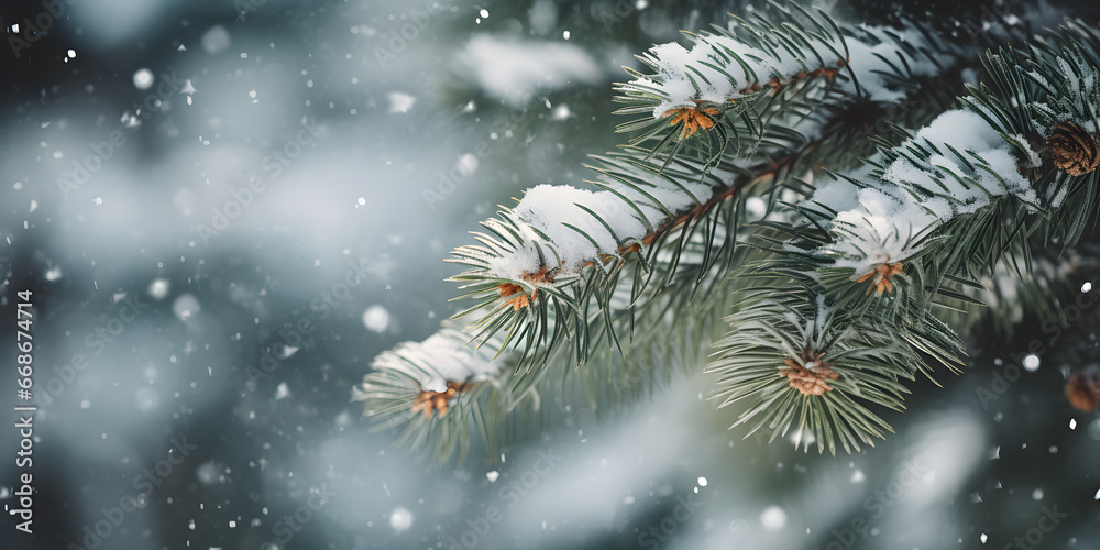 Close up background of fir tree branches with snow. Christmas or winter banner.