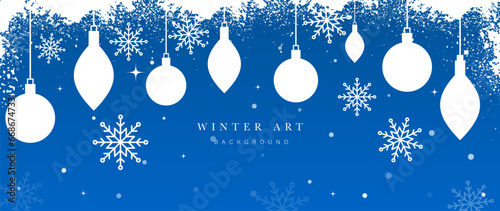 Winter festival seasonal background vector illustration. Christmas holiday event snowfall, decorative ball twinkling star. Design for poster, wallpaper, banner, card, decoration.