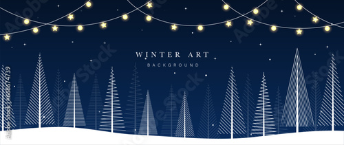 Winter festival seasonal background vector illustration. Christmas holiday event pine, snowfall, hill, decorative light, twinkling star. Design for poster, wallpaper, banner, card, decoration.