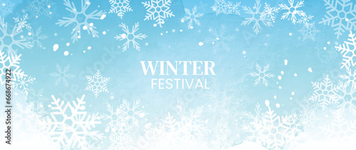 Winter festival seasonal background vector illustration. Christmas holiday event snowfall, snowflake with watercolor texture. Design for poster, wallpaper, banner, card, decoration.