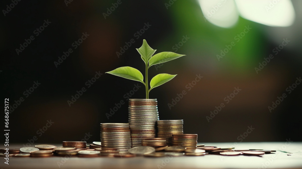 green plant growing from a stack of coins on a business table, representing the concept of sustainable financial growth, positive outcomes and good financial decisions green plant growing from a stack of coins on a business table, representing the concept of sustainable financial growth, positive outcomes and good financial decisions