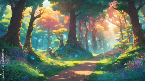 Magical Forestscape: A 2D Green Illustration of Nature's Beauty, Ideal for Enchanting Backgrounds and Landscapes © spyduckz