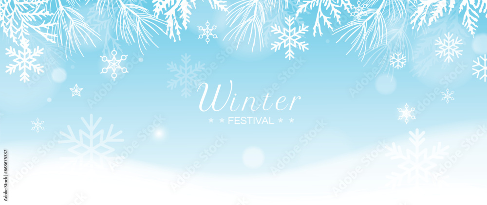 Winter festival seasonal background vector illustration. Christmas holiday event snowfall, pine leaves, berry with watercolor texture. Design for poster, wallpaper, banner, card, decoration. - obrazy, fototapety, plakaty 