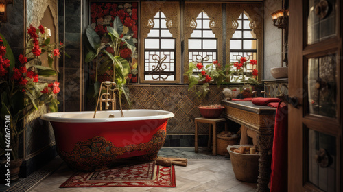 Oriental home interior bathroom, Drawing influence from the Middle East and Asia, with rich colors, ornate details, exotic patterns, and fabrics