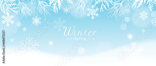 Winter festival seasonal background vector illustration. Christmas holiday event snowfall, pine leaves, berry with watercolor texture. Design for poster, wallpaper, banner, card, decoration.