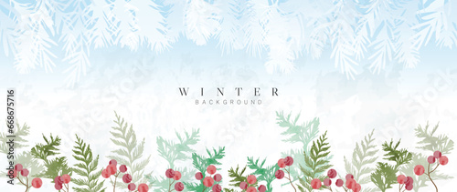 Winter festival seasonal background vector illustration. Christmas holiday event snowfall, pine leaves, berry with watercolor texture. Design for poster, wallpaper, banner, card, decoration.