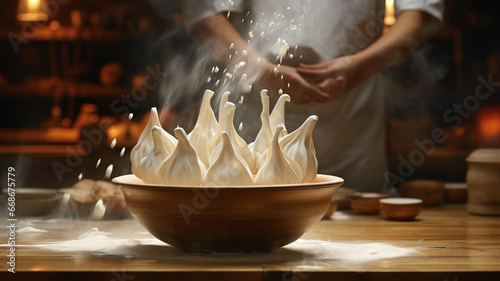 The cook enthusiastically makes khinkali from dough, flour flies in different directions. photo