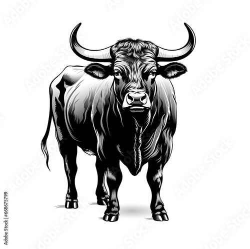 Logo image of a bull, cow, black and white, for design, on a white background.