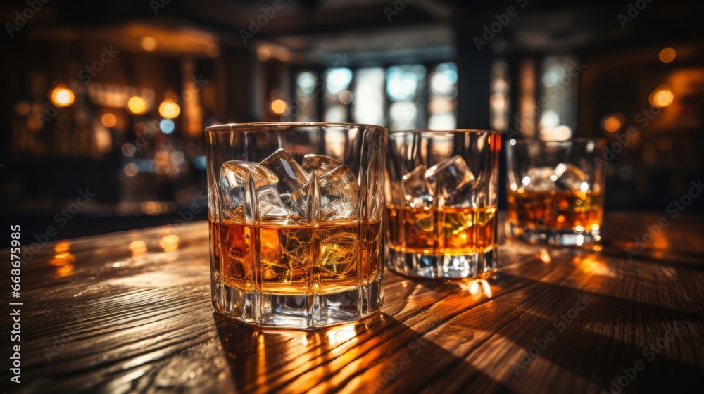 Whiskey for tasting on a bar counter. Generative AI. Whiskey for tasting on a bar counter. Generative AI.