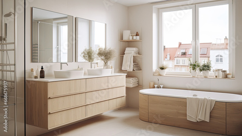 Scandinavian home interior bathroom, Characterized by light colors, minimalistic design, natural materials, and functionality photo