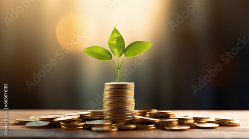green plant growing from a stack of coins on a business table, representing the concept of sustainable financial growth, positive outcomes and good financial decisions  photo