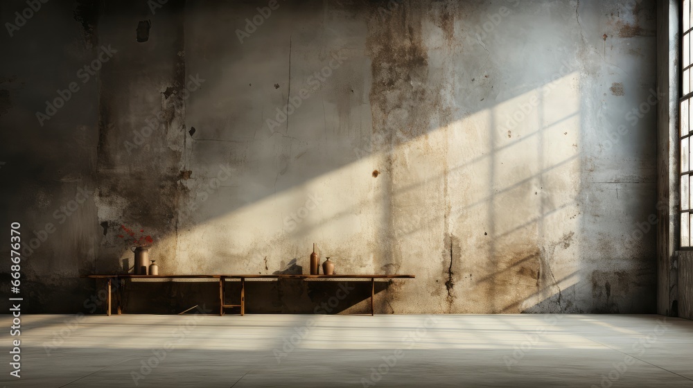 Loft-style room with rustic wall, sunlight beams, wooden table, candles, and autumnal foliage accents. Loft-style room with rustic wall, sunlight beams, wooden table, candles, and autumnal foliage accents.