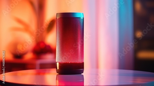 Close-up of a modern red wireless speaker placed on a work desk. With a holographic recording icon on the side.